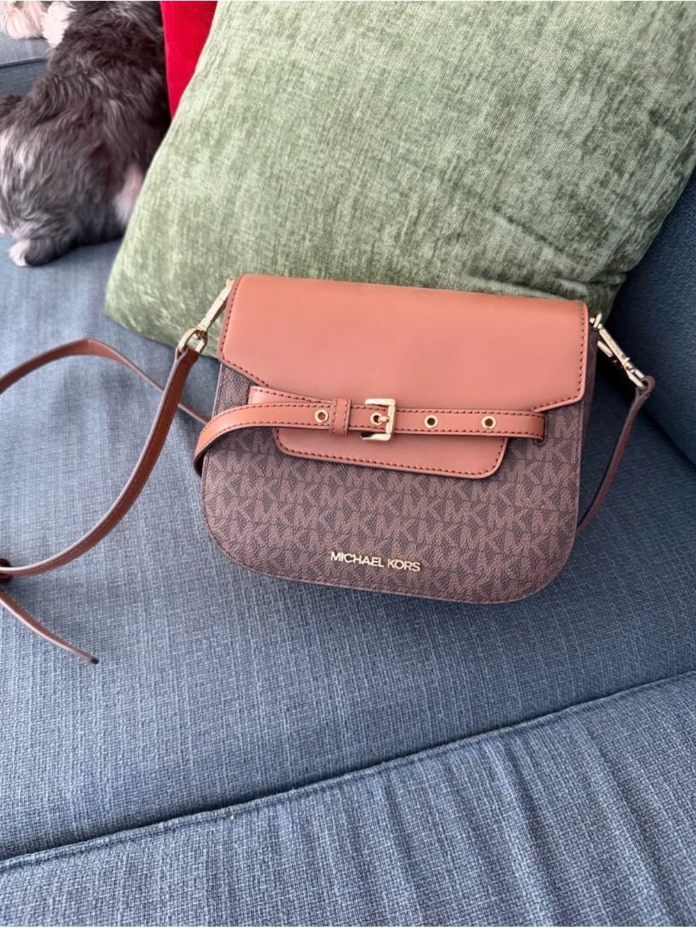 Michael Kors Brown Monogram Crossbody with Tan Leather Flap